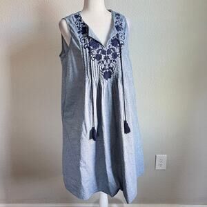 Roaman's Pintuck Embroidered Chambray Sun Dress Women's 16 Cotton Tasseled